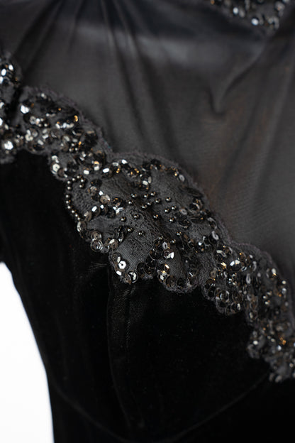 Vicky Tiel Couture Black Velvet Mini Dress w/ Mesh Top & Sequin Detail