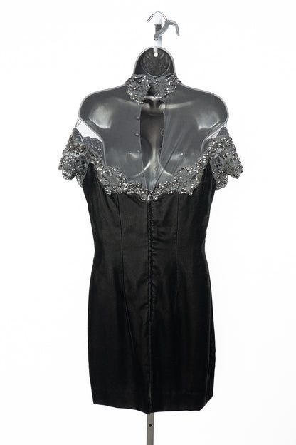 Vicky Tiel Couture Black Velvet Mini Dress w/ Mesh Top & Sequin Detail