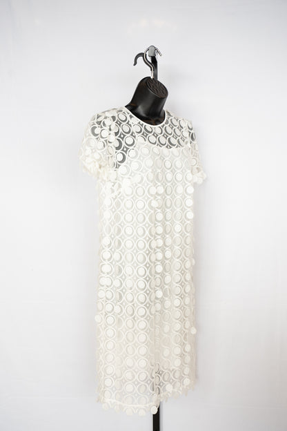 MICHAEL Michael Kors White Mesh w Circular Fringe Short Sleeve Knee-Length Dress