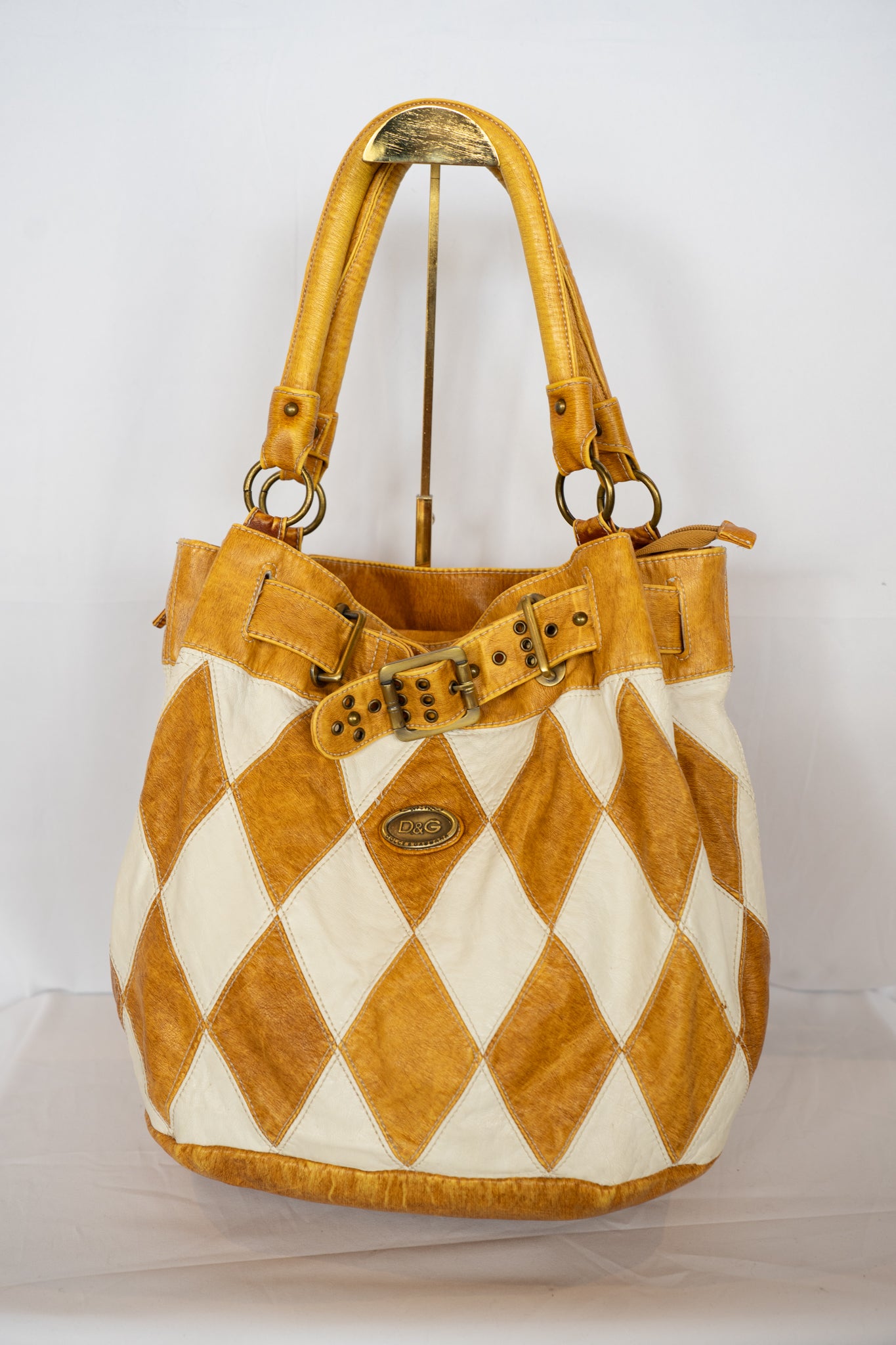 Dolce & Gabbana Vintage Light Brown & White Diamond Stitched Buckle Tote Bag
