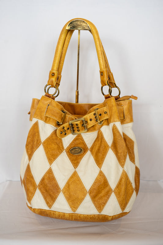 Dolce & Gabbana Vintage Light Brown & White Diamond Stitched Buckle Tote Bag