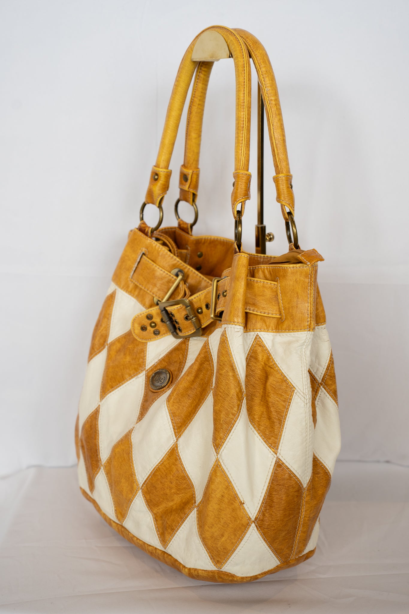 Dolce & Gabbana Vintage Light Brown & White Diamond Stitched Buckle Tote Bag