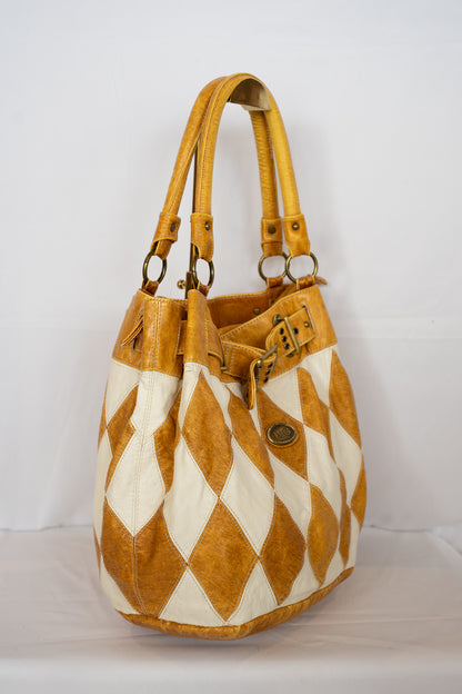 Dolce & Gabbana Vintage Light Brown & White Diamond Stitched Buckle Tote Bag