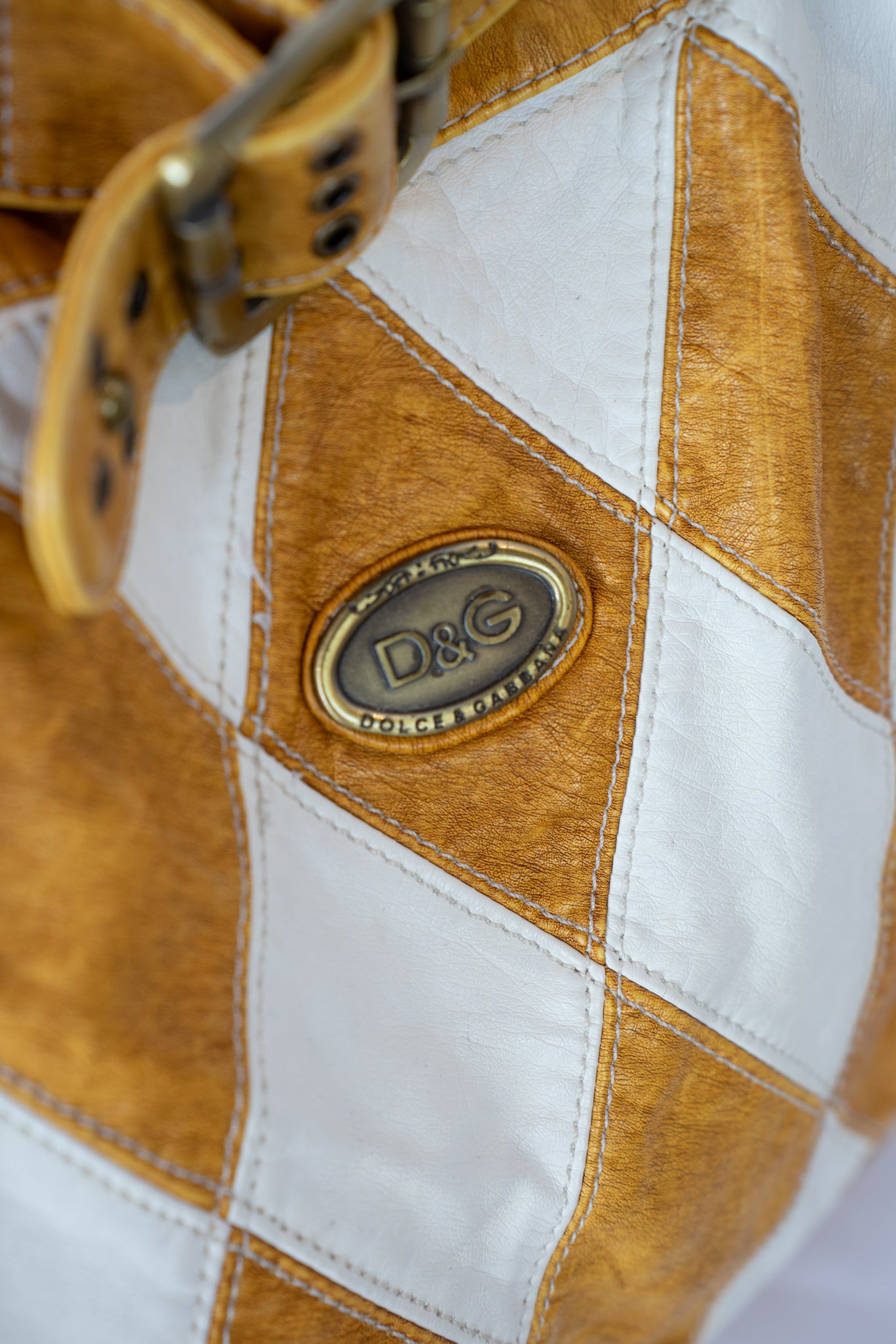Dolce & Gabbana Vintage Light Brown & White Diamond Stitched Buckle Tote Bag