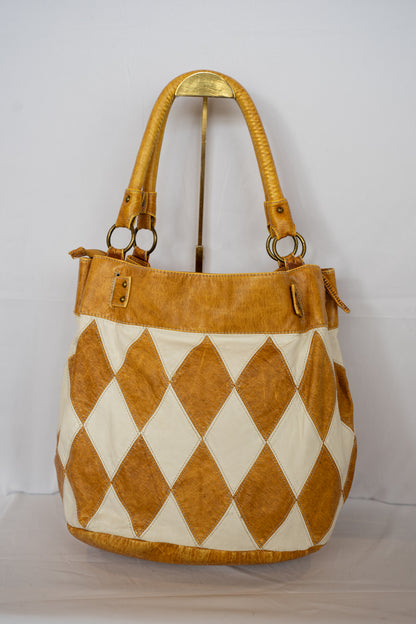 Dolce & Gabbana Vintage Light Brown & White Diamond Stitched Buckle Tote Bag
