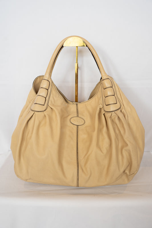 Tod's Beige Leather Hobo Tote Bag w Dark Brown Stitching