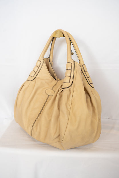 Tod's Beige Leather Hobo Tote Bag w Dark Brown Stitching