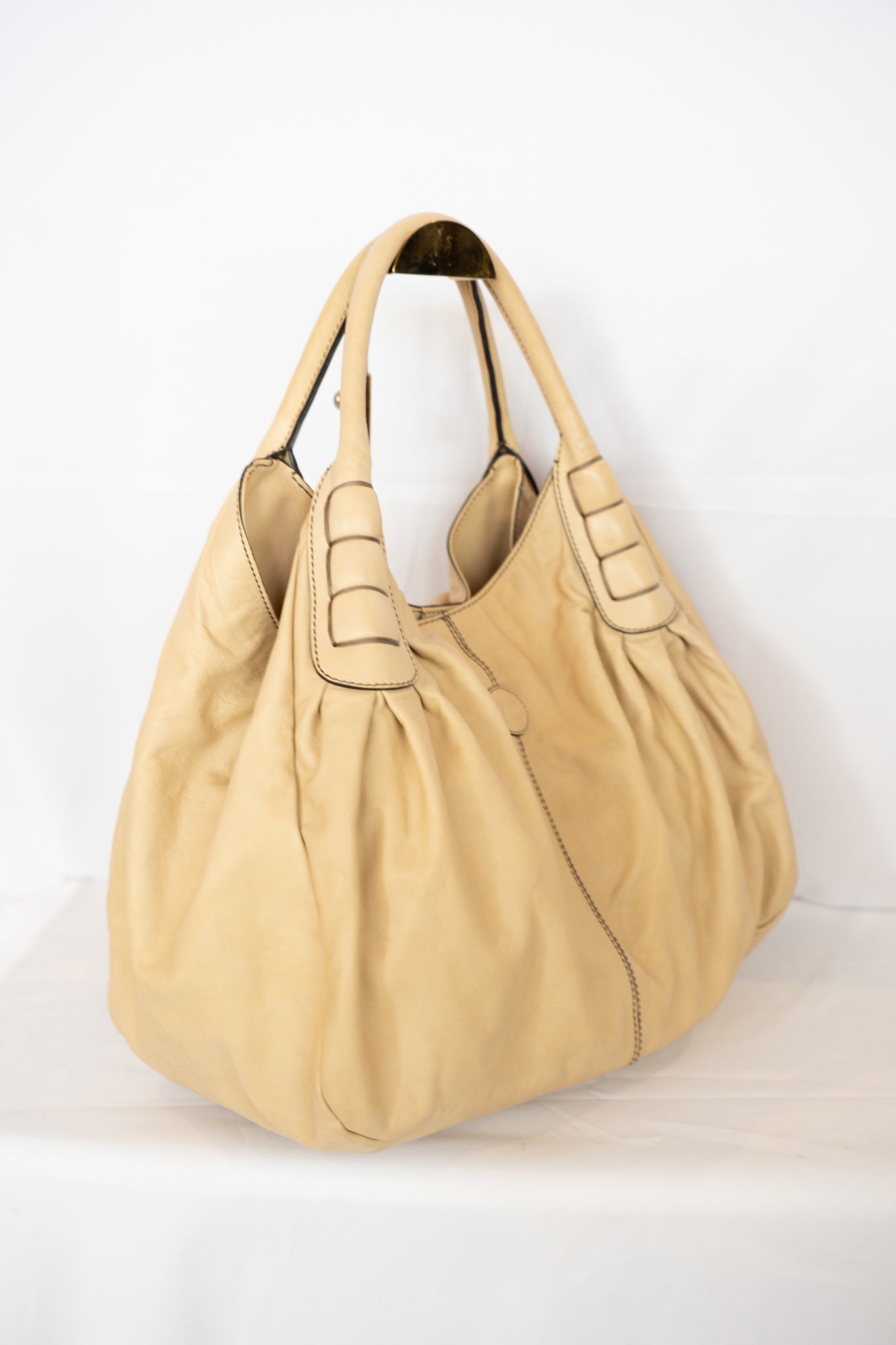 Tod's Beige Leather Hobo Tote Bag w Dark Brown Stitching