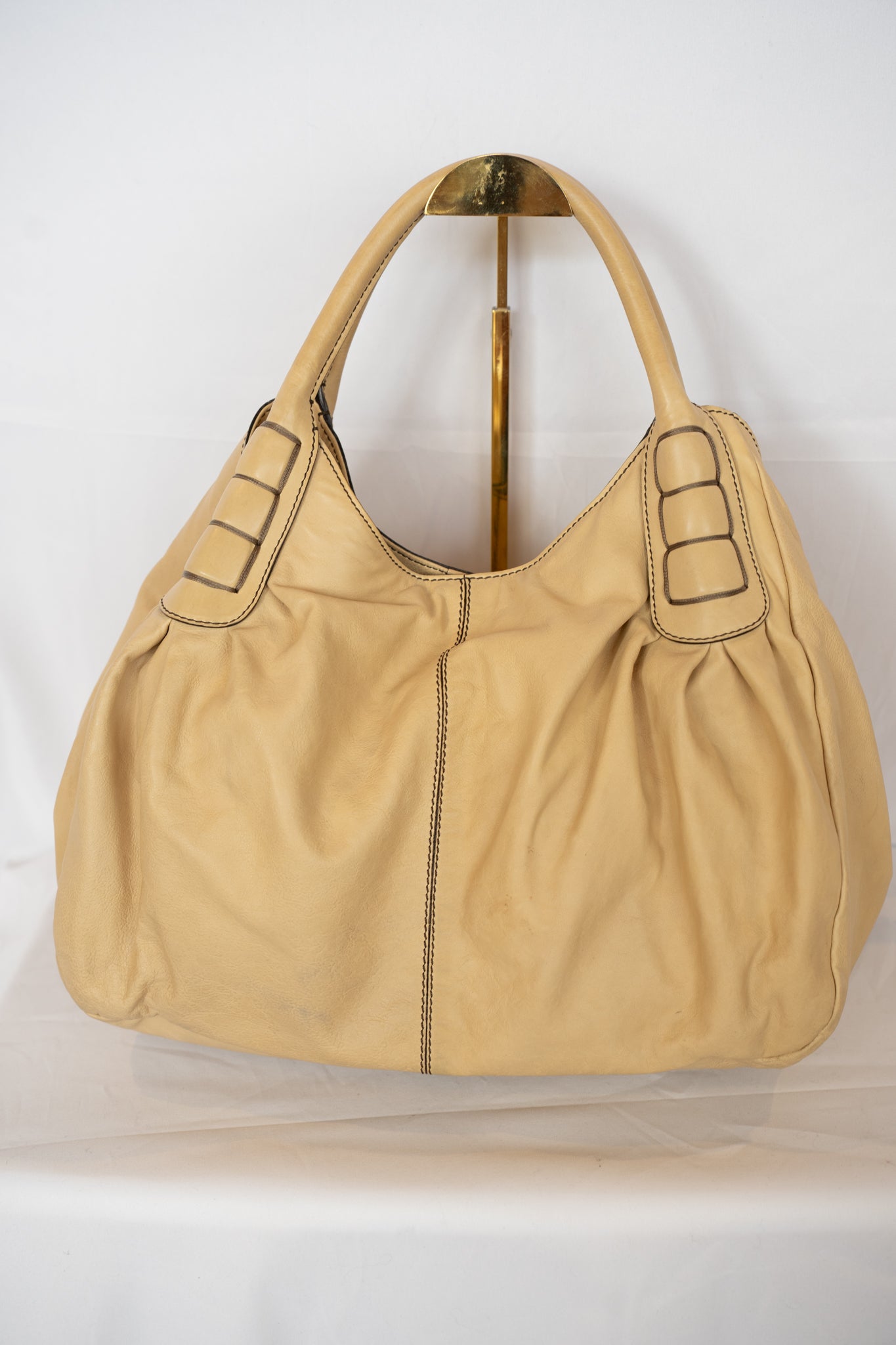 Tod's Beige Leather Hobo Tote Bag w Dark Brown Stitching