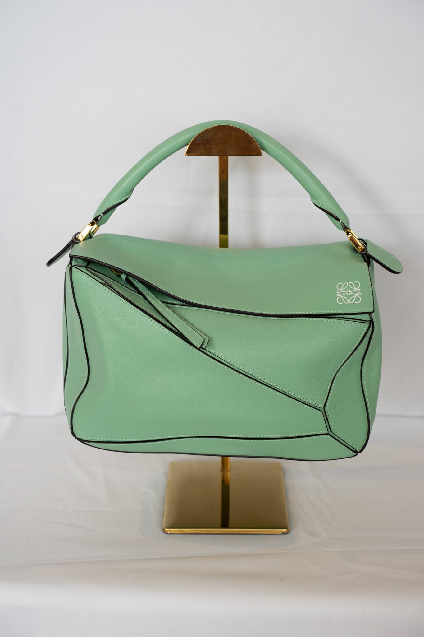 Loewe Calfskin Sea Water Green Medium Puzzle Top Handle/Crossbody Bag w Dust Bag