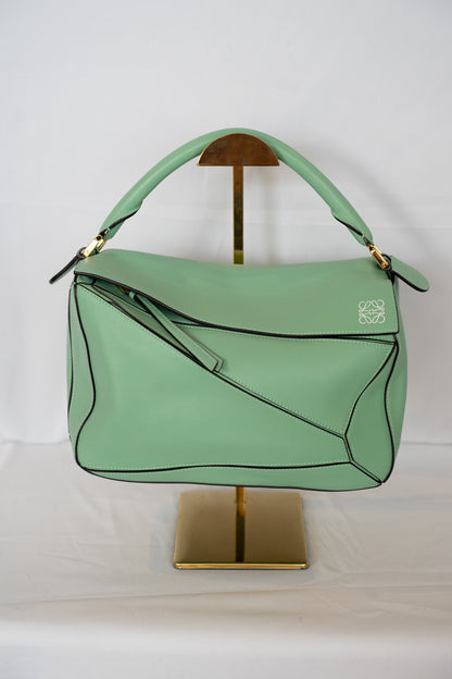 Loewe Calfskin Sea Water Green Medium Puzzle Top Handle/Crossbody Bag w Dust Bag