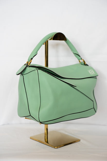 Loewe Calfskin Sea Water Green Medium Puzzle Top Handle/Crossbody Bag w Dust Bag