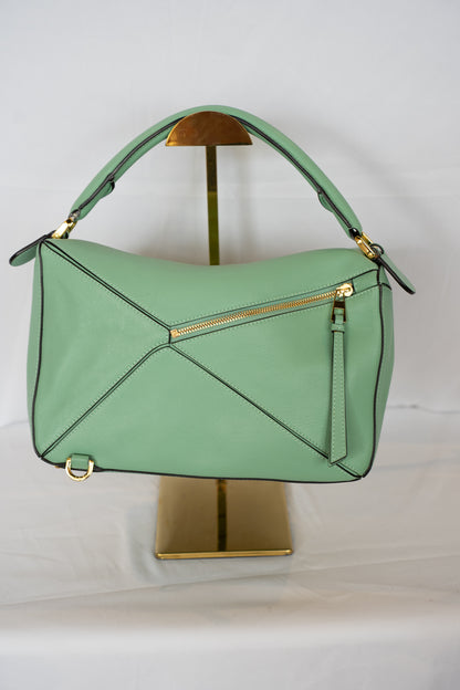 Loewe Calfskin Sea Water Green Medium Puzzle Top Handle/Crossbody Bag w Dust Bag