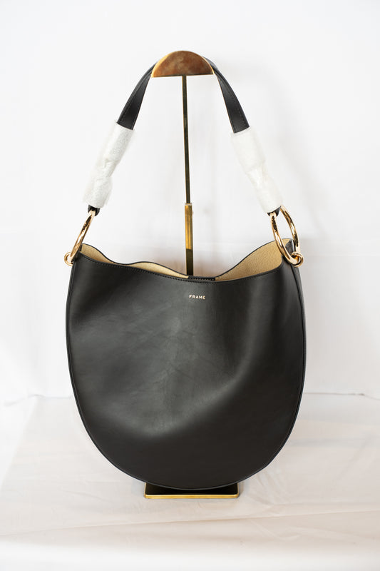 Frame Black Leather Hobo Bag Button Closure w Silver Circle Detail
