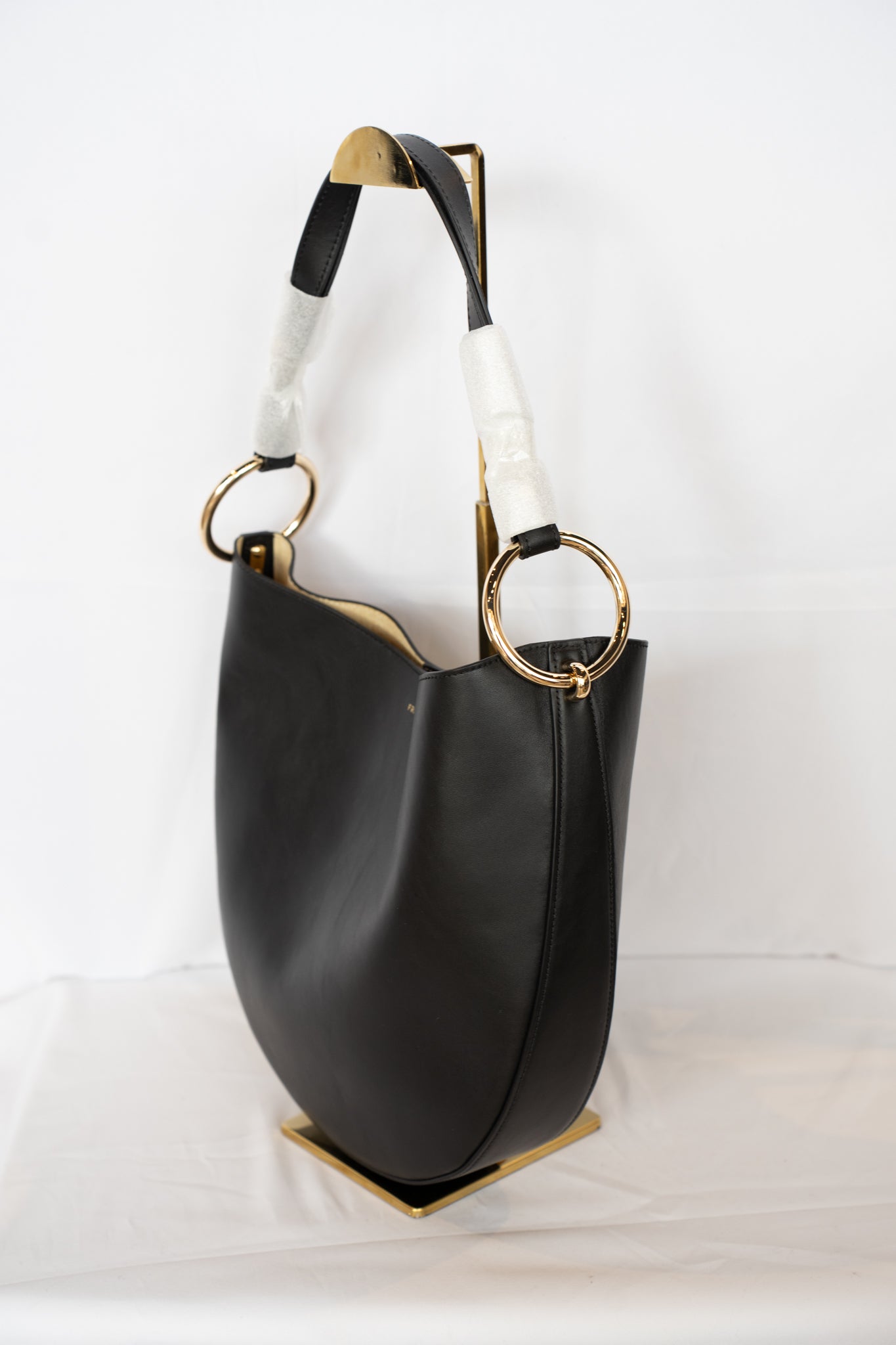 Frame Black Leather Hobo Bag Button Closure w Silver Circle Detail