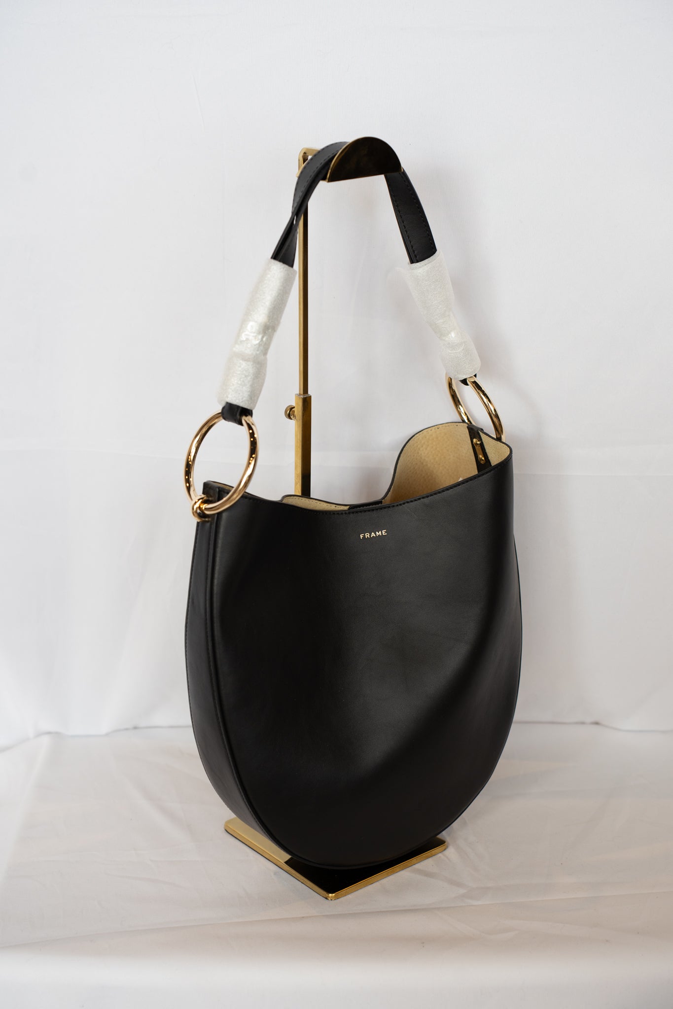 Frame Black Leather Hobo Bag Button Closure w Silver Circle Detail