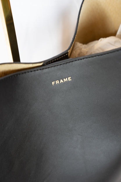 Frame Black Leather Hobo Bag Button Closure w Silver Circle Detail