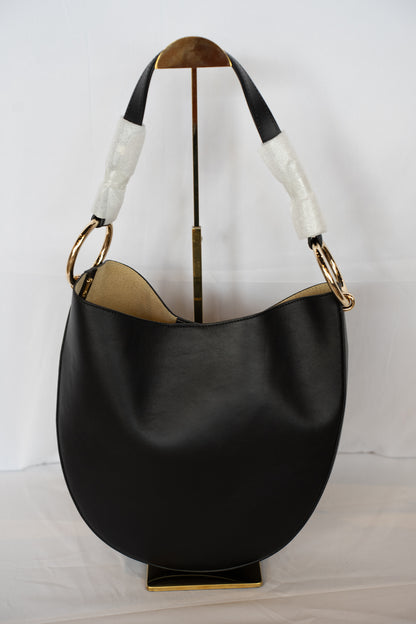 Frame Black Leather Hobo Bag Button Closure w Silver Circle Detail