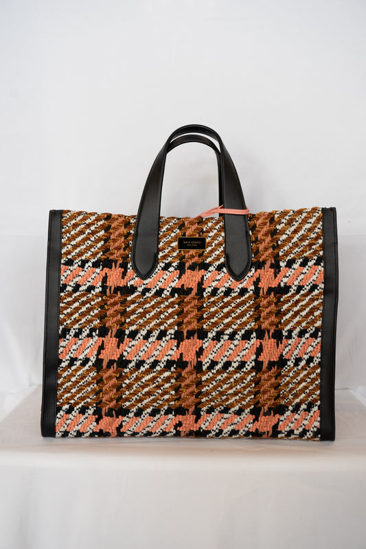 Kate Spade Pink Brown Woven Manhattan Plaid Large Tote