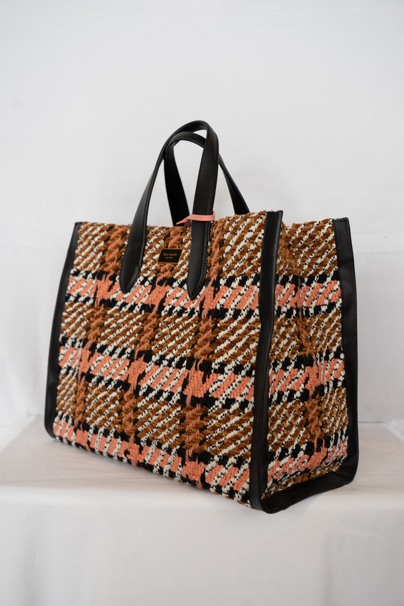 Kate Spade Pink Brown Woven Manhattan Plaid Large Tote