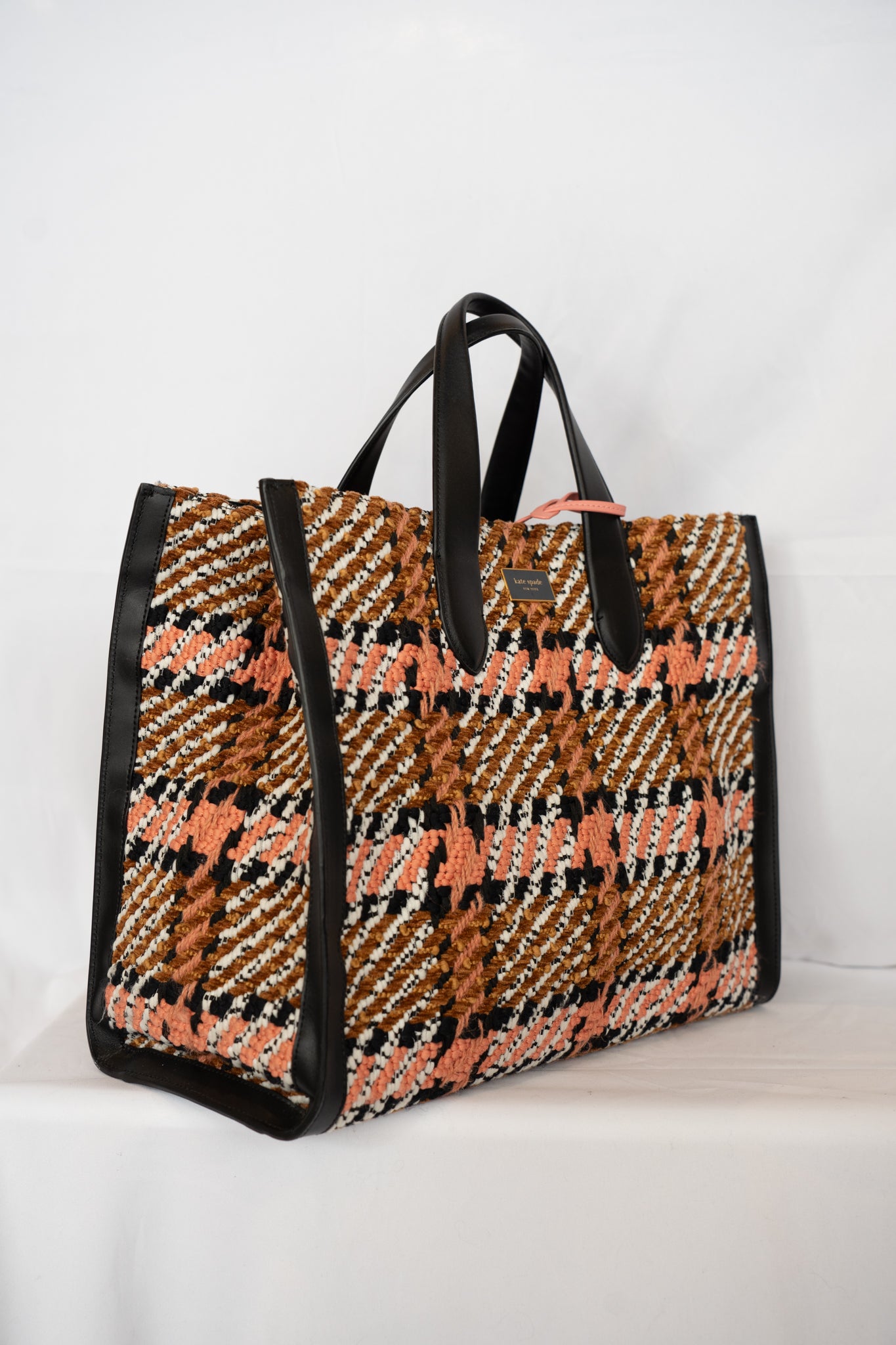 Kate Spade Pink Brown Woven Manhattan Plaid Large Tote