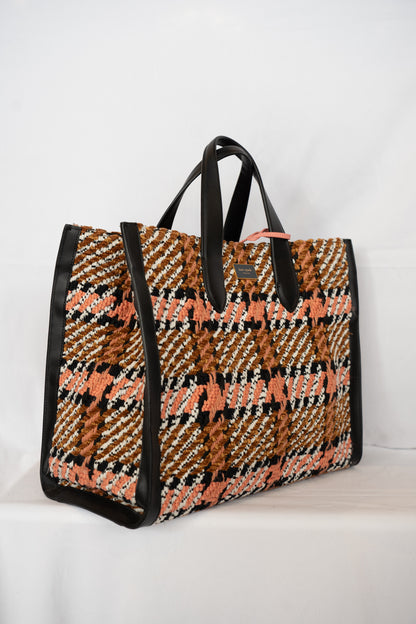 Kate Spade Pink Brown Woven Manhattan Plaid Large Tote