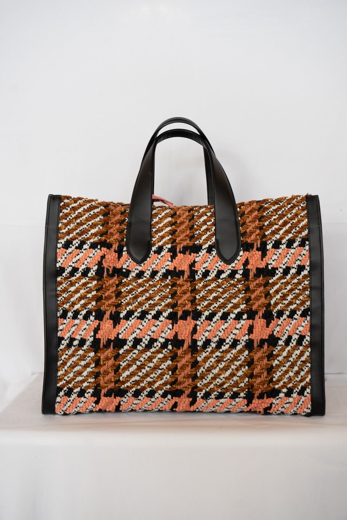Kate Spade Pink Brown Woven Manhattan Plaid Large Tote