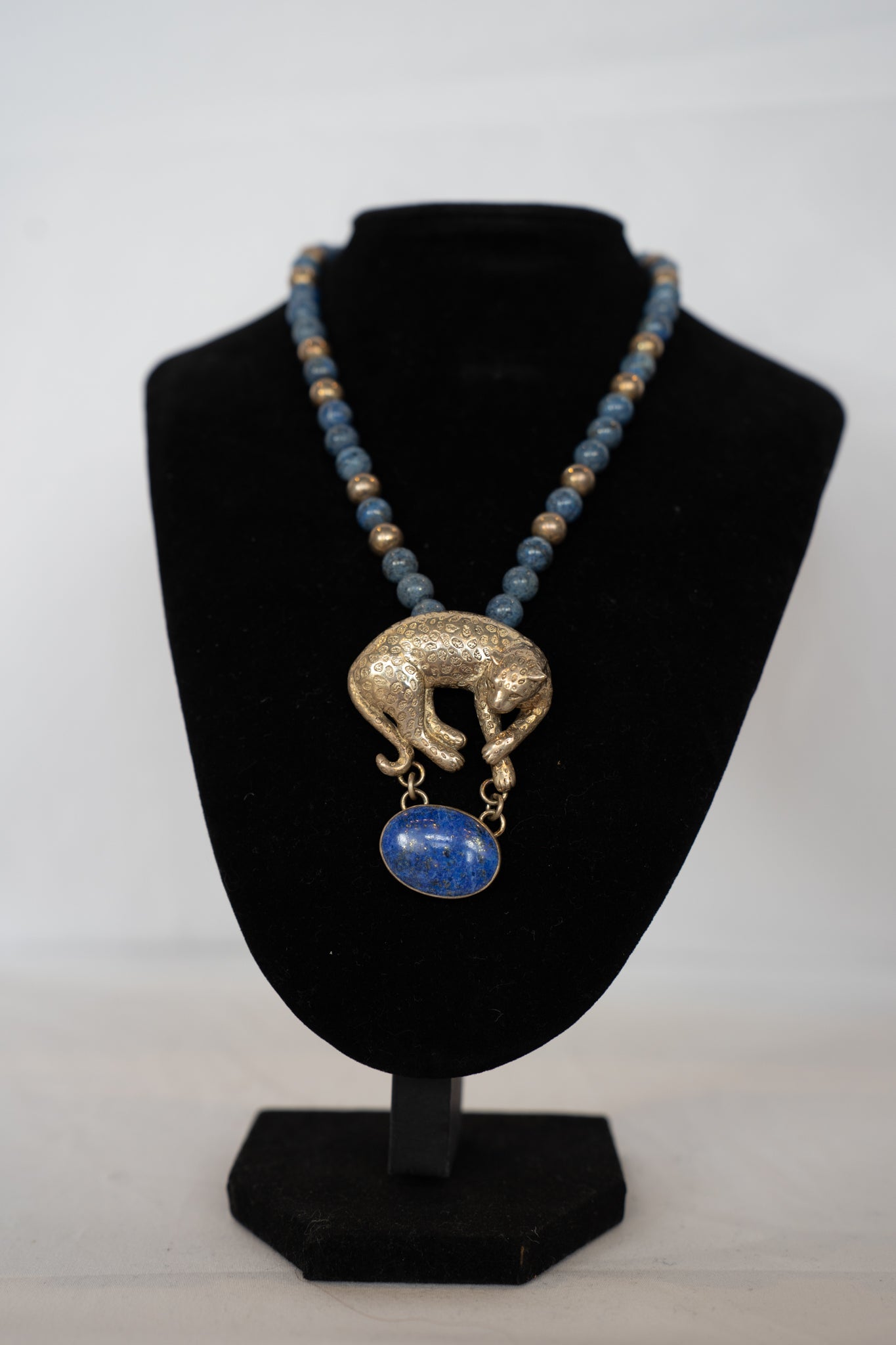 Carol Felley Blue Lapis Lazuli Bead Sterling Silver Bead Necklace w Leopard Pendant