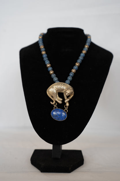 Carol Felley Blue Lapis Lazuli Bead Sterling Silver Bead Necklace w Leopard Pendant