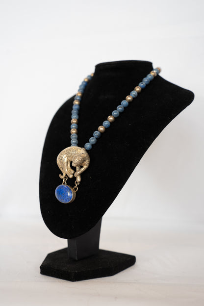 Carol Felley Blue Lapis Lazuli Bead Sterling Silver Bead Necklace w Leopard Pendant