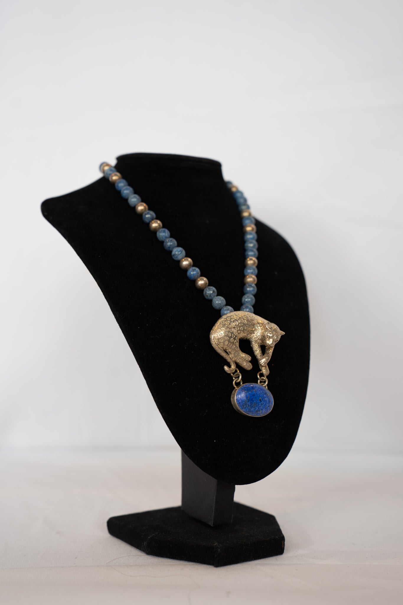 Carol Felley Blue Lapis Lazuli Bead Sterling Silver Bead Necklace w Leopard Pendant