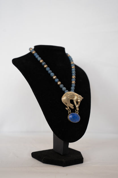 Carol Felley Blue Lapis Lazuli Bead Sterling Silver Bead Necklace w Leopard Pendant