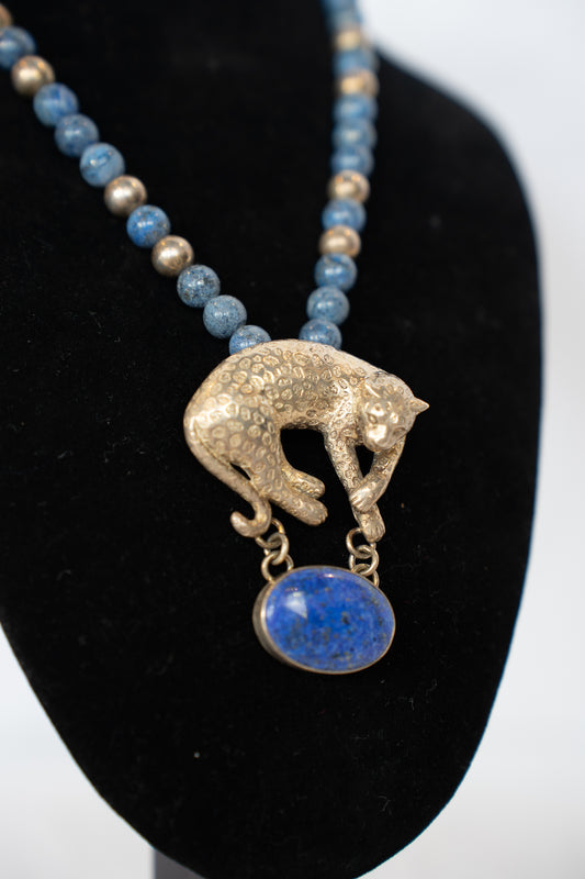 Carol Felley Blue Lapis Lazuli Bead Sterling Silver Bead Necklace w Leopard Pendant