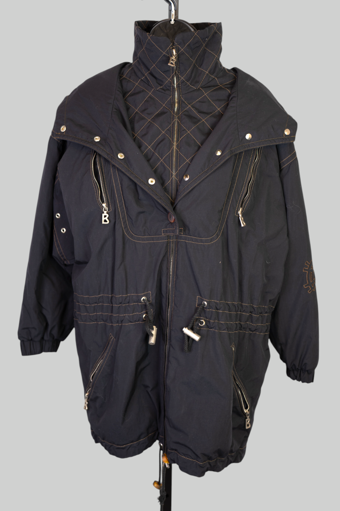 Bogner Black w Gold Stitching Logo Embroidered Zip Up Ski Jacket w Hood