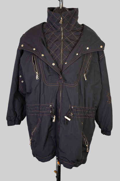 Bogner Black w Gold Stitching Logo Embroidered Zip Up Ski Jacket w Hood