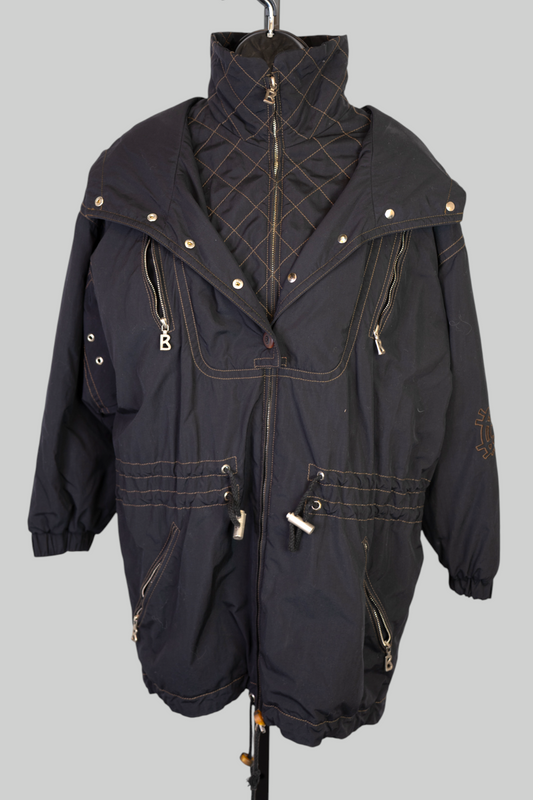 Bogner Black w Gold Stitching Logo Embroidered Zip Up Ski Jacket w Hood