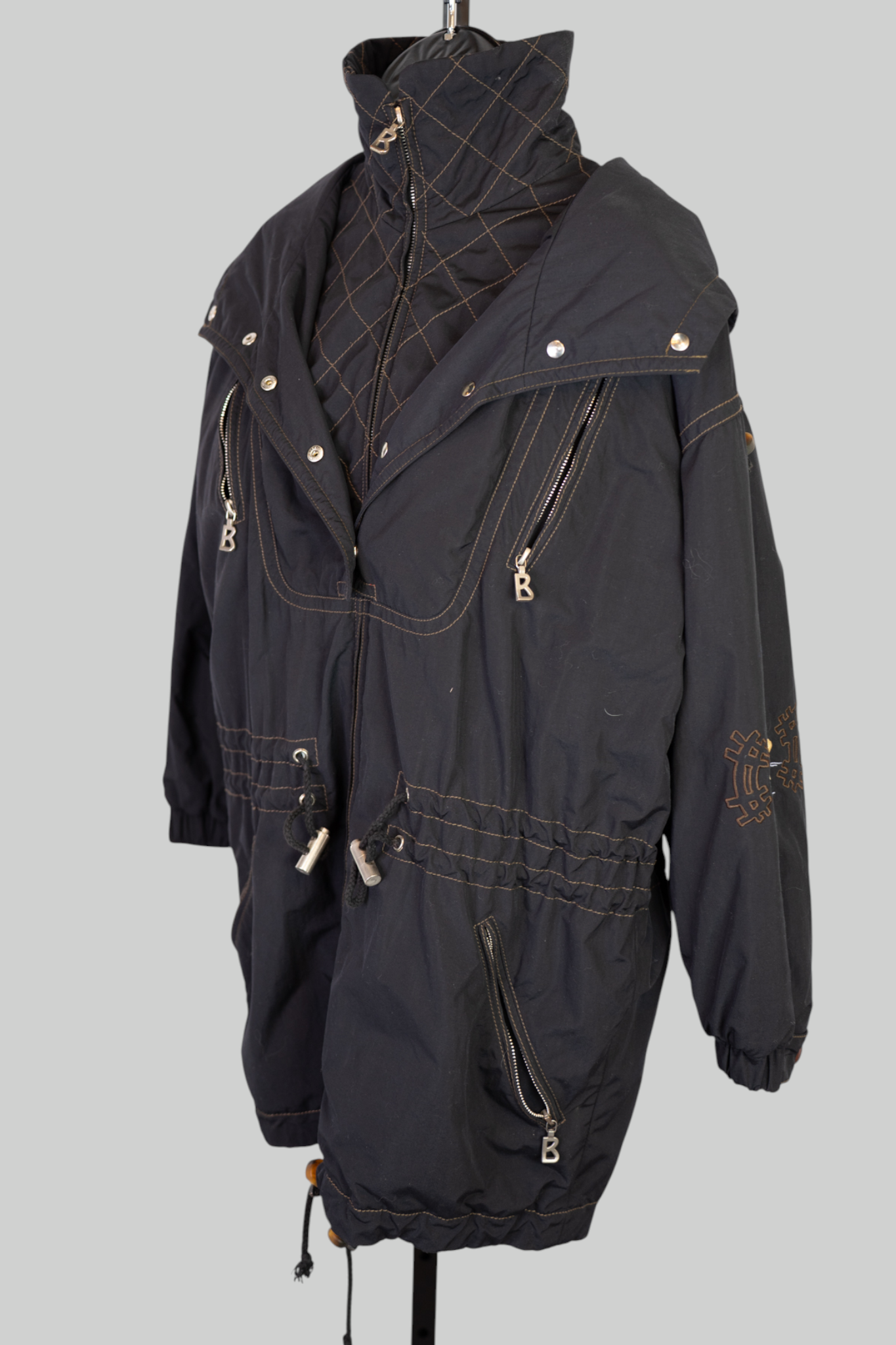 Bogner Black w Gold Stitching Logo Embroidered Zip Up Ski Jacket w Hood