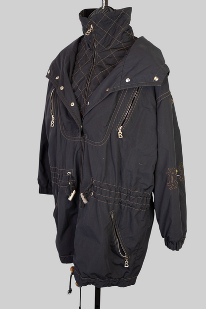 Bogner Black w Gold Stitching Logo Embroidered Zip Up Ski Jacket w Hood