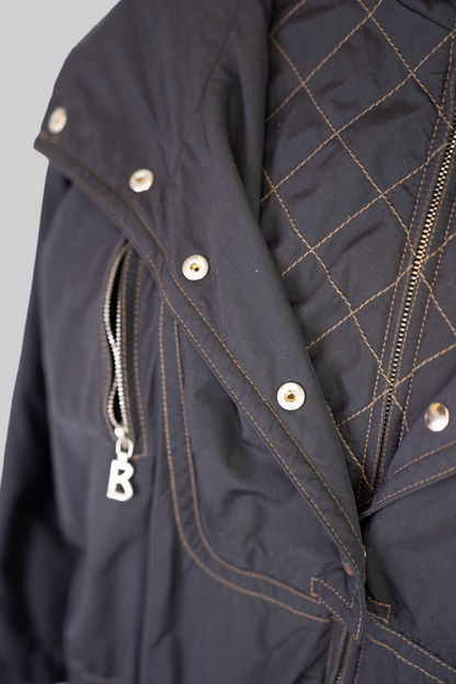 Bogner Black w Gold Stitching Logo Embroidered Zip Up Ski Jacket w Hood