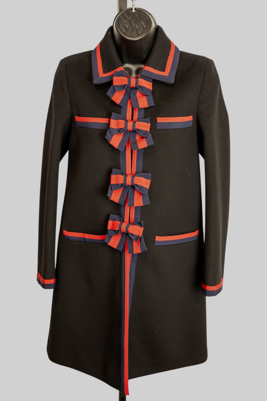 Gucci Wool Black w Navy Red Stripe Bow Tie Detail Clasp Mid-Length Coat