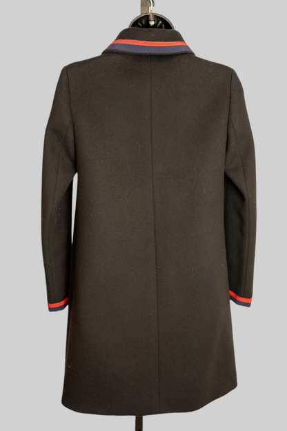 Gucci Wool Black w Navy Red Stripe Bow Tie Detail Clasp Mid-Length Coat