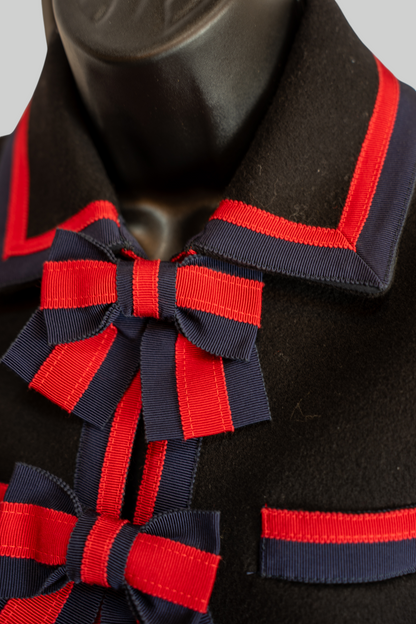 Gucci Wool Black w Navy Red Stripe Bow Tie Detail Clasp Mid-Length Coat