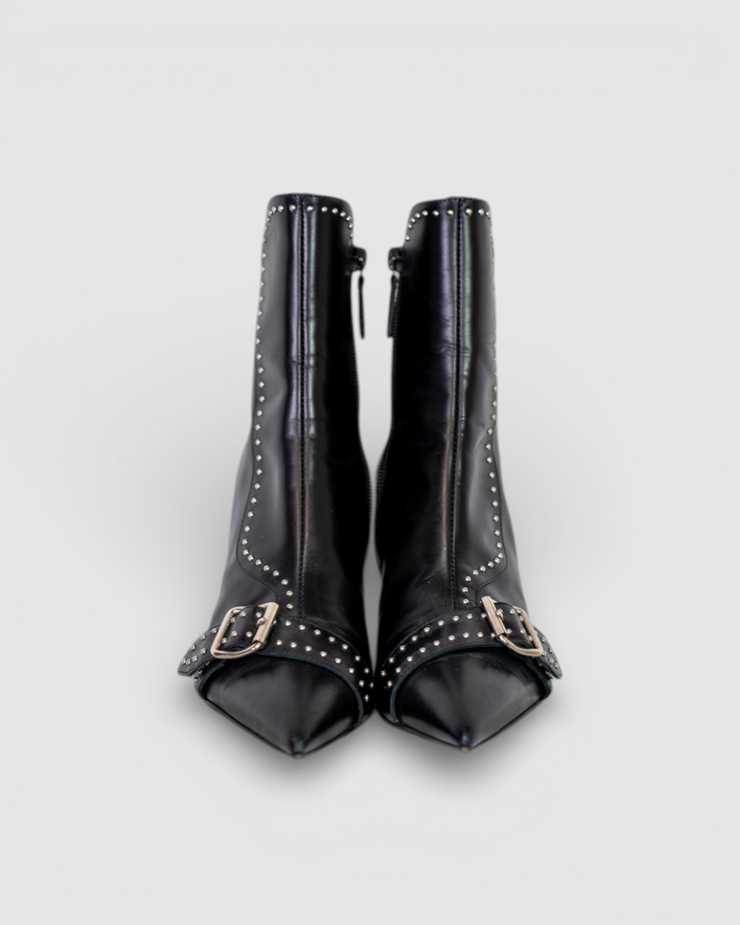 Tiziano Zorzan Black Leather Stud & Buckle Pointed Toe Heel Booties
