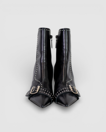 Tiziano Zorzan Black Leather Stud & Buckle Pointed Toe Heel Booties