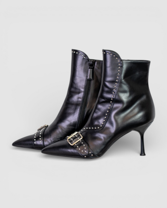 Tiziano Zorzan Black Leather Stud & Buckle Pointed Toe Heel Booties