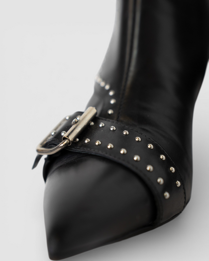 Tiziano Zorzan Black Leather Stud & Buckle Pointed Toe Heel Booties