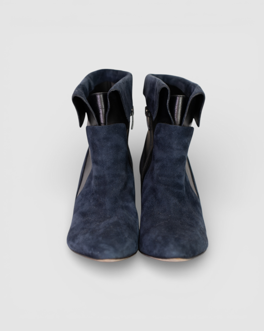 Veronica Beard Navy Suede & Black Leather Pointed Toe Fold-Over Ankle-High Heel Boots