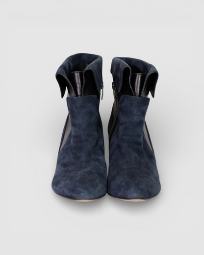 Veronica Beard Navy Suede & Black Leather Pointed Toe Fold-Over Ankle-High Heel Boots