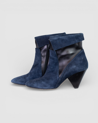 Veronica Beard Navy Suede & Black Leather Pointed Toe Fold-Over Ankle-High Heel Boots