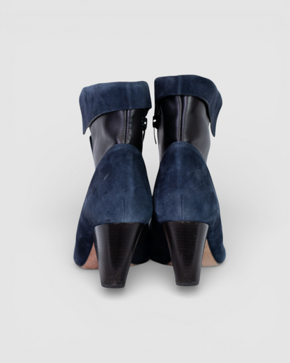 Veronica Beard Navy Suede & Black Leather Pointed Toe Fold-Over Ankle-High Heel Boots